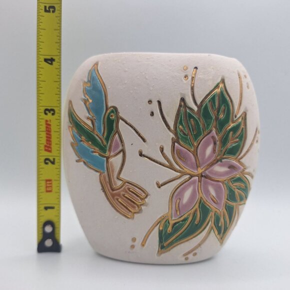 Hummingbird Pottery Vase Small Flower Gold Glaze Signed Art Hummer USA Nix Fly - Picture 6 of 7